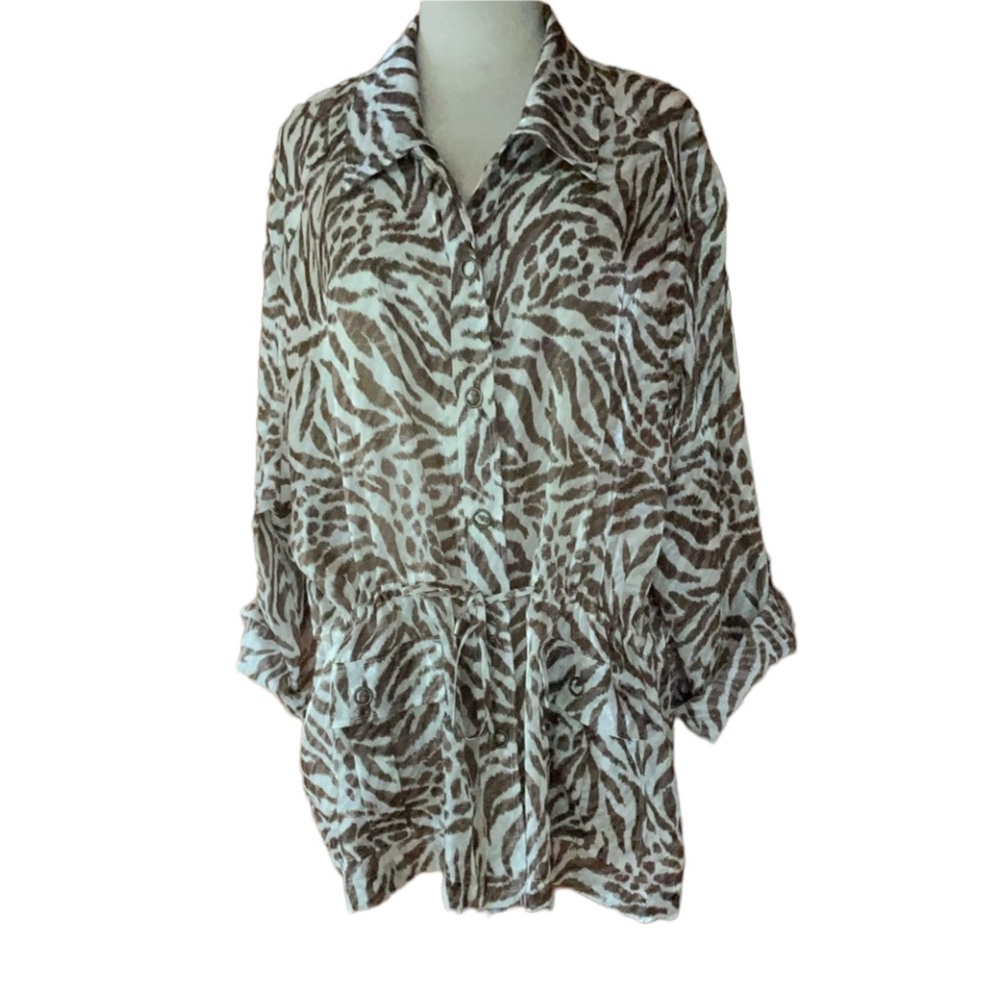 Alfred Dunner Animal Print, Front Snap & Waist Tie, Semi Sheer Jacket